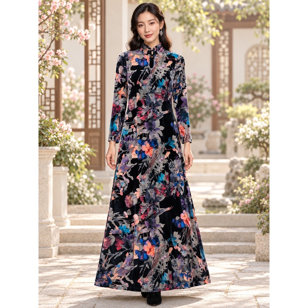 Floral Velvet Maxi Dress Women Size Small Black Blue Cheongsam Pearl